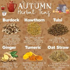 the health benefits of autumn teas are shown in this poster, which includes an image of