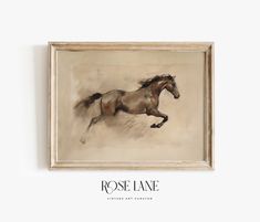 a painting of a running horse on the wall above it's name is rose lane