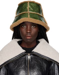 Crinkled sheepskin bucket hat in metallic green. Shearling trim in beige throughout. · Paneled construction · Shearling lining Supplier color: Beige/Green Jean Paul Gaultier Women, Cotton Bucket Hat, Bucket Hat Women, Green Hats, Knitted Poncho, Cold Weather Accessories, Paul Gaultier, Buckets, Jeans Brands