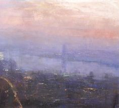 an oil painting of a cityscape in the foggy night sky with buildings and water