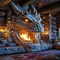 a fire breathing dragon statue in a living room with bookshelves and rugs