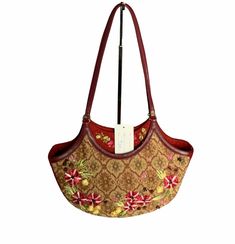 NEW Pat Vini Red Leather Floral Embellished Carpet Shoulder Bag. Dual leather flat straps with a 12”drop Double magnetic snap closure Fabric lining with a zipper pocket on the back wall. Gold tone hardware Front exterior slip pocket Length: 14” Height: 10” Depth: 4” Condition is "New with tags". Handheld Burgundy Shoulder Bag For Shopping, Burgundy Handheld Shoulder Bag For Shopping, Red Satchel Bucket Bag With Top Carry Handle, Red Double Handle Bucket Bag With Top Carry, Red Handheld Bag With Gold-tone Hardware, Red Handheld Bags With Gold-tone Hardware, Red Handheld Bucket Bag For Daily Use, Red Handheld Hobo Bag, Red Handheld Hobo Bag For Travel