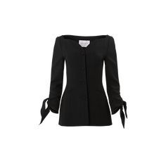 Carolina Herrera tailored jacket features curved detailing at the neckline and self-tie bows at the sleeves  V-neckline  Button-front closure  Long sleeves Front welt pockets  Mid-length  Tailored silhouette  Virgin wool/elastane Made in USA Elegant Long Sleeve Outerwear With Bow, Tailored Jacket, Carolina Herrera, Bergdorf Goodman, Welt Pockets, Mid Length, Made In Usa, Tops Designs, Long Sleeves