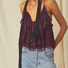 New Without Tags Free People Blouse, Embellished Top, Flowy Tank Tops, Plum Color, Flowy Tops, Lace Tank Top, Print Tunic, Puff Sleeve Top, Embroidered Top