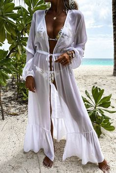 White Sheer Tie Waist Kimono Beach Cover Up Sizing: S(2/4/6) M (8/10/12) L(12/14/16) Sugar Boutique - ships from Shawnee, KS Family run boutique - ❤ Shipping and return info - https://www.sugarboutiquekc.com/pages/shipping-returns Kimono Beach Cover Up, Kimono Beach, Open Front Kimono, Long Sleeve Kimono, White Cover, Beach Cover Ups, Long Crop Top, Denim Coat Jacket, White Tie