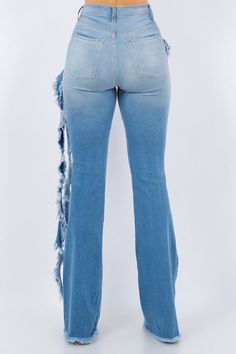 Stay cool and ready for anything in our Unique Boot Cut Pants! The light wash denim with stretchiness and fray detail keeps you stylish and comfortable, while front and back pockets make it easy to stay organized. So you can strut your stuff with confidence, knowing these USA-made pants have you covered! Silhouette: boot cut, boot cut jean Length: full length Closure: button, zipper Made In: USAFabric Contents: 98% Cotton, 2% Spandex Stretch fabric Non-sheer fabric Care Instructions: Dry CleanSi