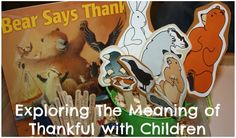 there are many stickers on the back of this sign that says, exploring the meaning of thanksgiving with children