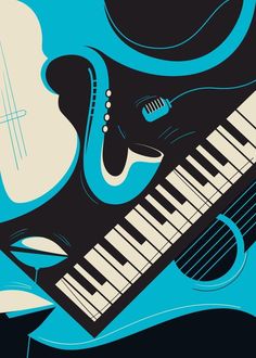 a blue and black poster with an abstract image of a piano, headphones, and musical instruments