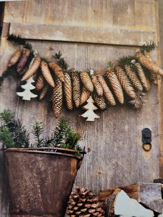 pine cones are hanging on a wooden wall next to potted plants and other decorations