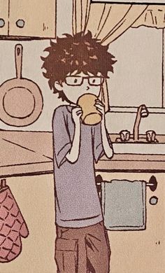 a drawing of a person standing in a kitchen drinking from a cup and looking at the camera