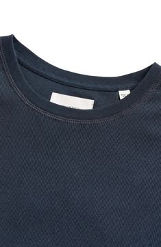 Soft ribbing enhances the comfort of a T-shirt made of breathable cotton and sized to layer easily or look great on its own. 26 1/2" length (size Medium) Crewneck Short sleeves 100% cotton Machine wash, tumble dry Made in Peru Cotton T-shirt With Ribbed Neckline For Loungewear, Navy Ribbed Cotton Top, Blue Cotton T-shirt For Layering, Relaxed Fit Ribbed Crew Neck Tops, Blue Cotton Top With Ribbed Collar, Blue Cotton Tops With Ribbed Collar, Blue Short Sleeve Tops With Ribbed Collar, Blue Short Sleeve Top With Ribbed Collar, Everyday Cotton Tops With Ribbed Cuffs