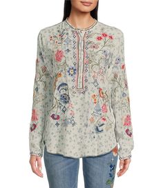 JOHNNY WAS Nya Silk V-Neck Long Sleeve Floral Embroidered Blouse | Dillard's Multicolor Floral Embroidered V-neck Top, Silk V-neck Top With Embroidery, Embroidered V-neck Blouse For Fall, Silk Embroidered Top With Intricate Embroidery, Spring Rayon Top With Split Neck, Fall Floral Print Blouse With Multicolor Embroidery, Multicolor Embroidered Blouse For Fall, Spring Floral Print Embroidered Top, Silk V-neck Tops For Spring