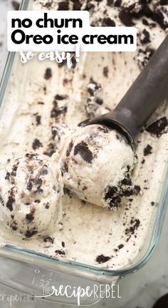 no churn ice cream in a glass container with a scoop full of ice cream