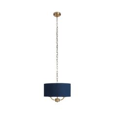 a chandelier with a blue shade hanging from it's center point on a white background