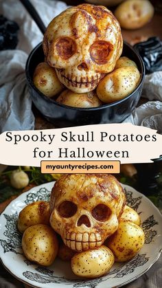 spooky skull potatoes for halloween with text overlay that reads spooky skull potatoes for halloween