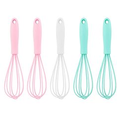 four pastel colored kitchen utensils are lined up