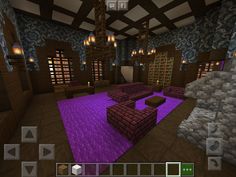 a living room filled with furniture and lots of purple carpeted flooring in front of windows