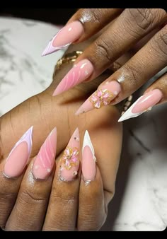 beautiful pink french tip with shell design. perfect for birthday nails. Long Almond Acrylic Nails Birthday, Birthday Nails Stilleto, Encapsulated Almond Nails, Pearls Nails Design, French Tip Nails Vacation, French Nail Designs Almond, French Tip Almond Nails With Design, Vacation Almond Nails, Almond Vacation Nails