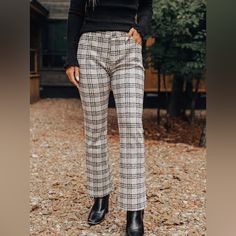 Plaid Season For The Win With These Trendy Pants! Unlined Material With A Plaid Print. A High Waistline With Belt Loops, A Hidden Zip Fly, And Button Closure. A Functional Four Pocket Cut. A Straight Legged Silhouette That Ends In A Floor Length Hemline. M: Front Rise 11.5", Hip 38", Inseam 28", Length 38", Waist 30". Periwinkle Dress, Gingham Pants, Trendy Pants, Plaid Trousers, Pant Trends, Flowy Pants, Plaid Pants, Faux Leather Pants, Plaid Print