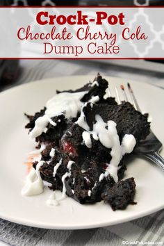 Crock-Pot Chocolate Cherry Cola Dump Cake - With just 4 ingredients this easy to make dessert recipe for Crock-Pot Chocolate Cherry Cola Dump Cake could not be simpler to make and the flavor is out of this world! A box of chocolate cake mix, a can of cola, a can of cherry pie filling and cream cheese icing is all you need for this slow cooker dessert! #CrockPotLadies #CrockPot #SlowCooker #Desserts Can Of Cherry Pie Filling, Chocolate Cherry Dump Cake, Cake Mix Cobbler, Chocolate Dump Cake, Cherry Dump Cake, Make Dessert, Crock Pot Desserts, Slow Cooker Desserts, Easy To Make Desserts