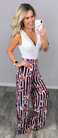 Flowy Striped boho wide leg pants that can be styled so any ways for moms on the go to boss babes for work shown here with a bodysuit. These are great for layering and transitional weather and style year round! #fallfashion #momstyle #bohostyle #styleideas Spring Stretch Trousers Jumpsuits And Rompers, Spring Stretch Jumpsuits And Rompers, Spring Stretch Jumpsuits And Rompers Trousers, Spring Stretch Wide-leg Jumpsuits And Rompers, Chic Stretch Jumpsuits And Rompers With Trousers, Versatile Stretch Harem Pants For Spring, White Stretch Wide Leg Jumpsuits And Rompers, Trendy Summer Stretch Harem Pants, White Stretch Wide Leg Jumpsuit