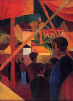 a painting of people standing in front of tents