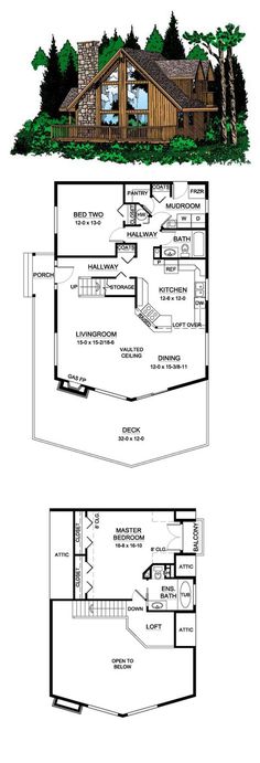 two story log home plans with lofts and living quarters on the first floor are shown