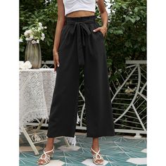 Black High Waist Cropped Pants with Tie Bohemian Style Clothing, Boho Life, Boho Style Outfits, High Waist Wide Leg Pants, Boho Pants, Daily Dress, Wide Pants, Bohemian Clothes, Bohemian Dress