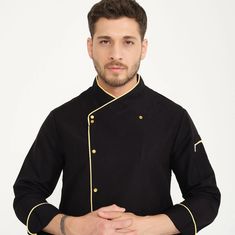 Long sleeves gold stripe Double-breasted Turn-back cuffs Side-seam slits press stud front fasteners Left sleeve thermometer pocket Your chef's jacket is personalised in our inhouse embroidery service. Chef jacket in excellent quality cotton and easy washable. You can customize it with your logo or your claim, embroidering. Please include in the Notes to Seller section of the order: 1. Name to be embroidered, for example, "Chris"; "Chef Shelby", etc. * If more than a single word/name we may have to divide text into 2 lines to fit. Each line will be centered to the other 2.Personalizations on this product are written with gold thread. Winter Fitted Outerwear With Embroidered Cuffs, Professional Fitted Long Sleeve Outerwear, Gold Long Sleeve Outerwear With Button Closure, Fitted Gold Long Sleeve Outerwear, Professional Black Winter Outerwear, Professional Long Sleeve Black Outerwear, Professional Black Long-sleeve Outerwear, Professional Black Long Sleeve Outerwear, Black Long Sleeve Outerwear With Gold Buttons