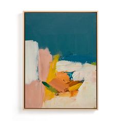 an abstract painting with blue, yellow and pink colors in a wooden frame on a white wall