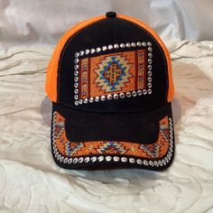 Nwot Western Adjustable Velcro Black / Orange/ Silver Studs Mesh Back Western Style Black Snapback Baseball Cap, Western Style Black Baseball Cap For Outdoor, Black Snapback Cap For Festival, Black Western Style Baseball Cap For Outdoor, Black Snapback Hat For Festival, Adjustable Orange Cap, Black Casual Snapback Hat For Festival, Casual Black Snapback Hat For Festival, Orange Adjustable Snapback Hat