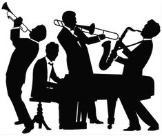 a black and white silhouette of men playing instruments in front of a piano, trumpet, and piano keyboard