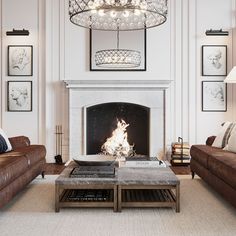 a living room filled with furniture and a fire place under a chandelier hanging from the ceiling