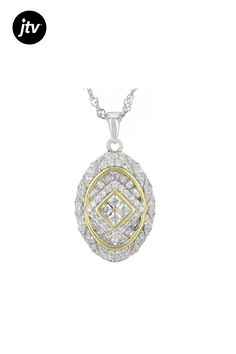 Bella Luce�� white diamond simulant 1.31ctw baguette, square, and round, rhodium and 14k yellow gold over sterling silver pendant. Includes a 18" L x 0.03" W singapore chain with a 2" extender and lobster claw clasp closure. Pendant measures approximately 1" L x 0.5" W and has a 2mm x 1mm bail. Diamond equivalent weight is 0.79ctw. Fine Jewelry With White Baguette Diamonds, White Oval Baguette Diamond Jewelry, Baguette Cut Jewelry With Pave Setting As A Gift, Baguette Cut Jewelry With Pave Setting For Gifts, Classic Jewelry With Baguette Diamonds In Cubic Zirconia, Classic Jewelry With Baguette Cubic Zirconia, Cubic Zirconia Baguette-cut Jewelry With Center Stone, Classic Baguette Diamond Cubic Zirconia Jewelry, Diamond White Cubic Zirconia Jewelry With Polished Finish