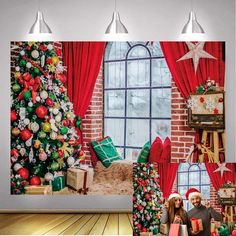 a man and woman standing in front of a christmas tree with presents on the floor