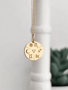 a gold necklace with the zodiac sign and sun on it, sitting next to a potted plant