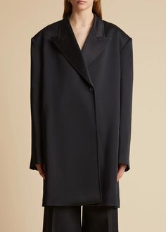 The Ray Coat in Black– KHAITE Rounded Shoulders, The Ray, Menswear Inspired, Coat Dress, Satin, Pants, How To Wear, Black, Trousers