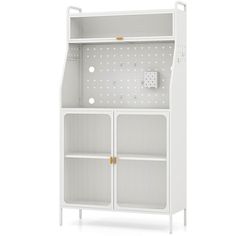 a white bookcase with two doors on the front and one door open to reveal an electrical outlet