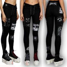 Rare! These Super Cool And Edgy, Bold Fashion Statement Jeans From Doll Kills Current Mood! It's One Of Those Always Trendy Hot Pieces That Are Easy To Throw On And Look Dope! Comes In Black And White. Designed With A Skinny Silhouette, An Adjustable Lace-Up Front Closure, A Raw Hem Waist, 5 Pockets Design, Exposed Zipper Closure On The Front Pocket And Ankles, Silvertone Hardware, White Contrast Stitching, And Amazing Stylish Patches All Over. Made From High-Quality 98% Cotton And 5% Spandex Fo Statement Jeans, Patch Jeans, Pockets Design, Punk Clothing, Pastel Goth Fashion, Patched Jeans, Punk Outfits, Current Mood, Exposed Zipper