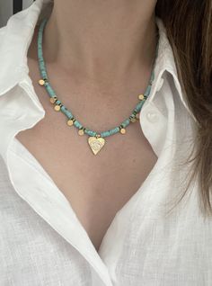 "Hello :) I am so happy you stopped by! New designs are added weekly so check back often. All designs are handmade by this mommy.  Shop link ⬇️ https://enjewelrydesign.etsy.com This listing is for a fresh water pearl necklace with gold chain & turquoise beads. It's a perfect piece to dress up or down.  DETAILS: * Sold as (1) Necklace** please check out the length before purchasing.  * Materials: turquoise beads and gold-filled discs.  * Pendant: Evil eye or Pearl  * **Length: Approximately (end to end, including the clasp) 18\"-20\" You can clasp anywhere on the chain.  - Please note fit and appearance will vary based on the individual. PLEASE READ BEFORE PURCHASING * NO RETURN/EXCHAGE  * Please contact me within 3 days of delivery if you have any issues with your purchase.  JEWELRY CARE: Bohemian Personalized Necklaces For Everyday, Everyday Personalized Bohemian Necklaces, Everyday Bohemian Personalized Necklaces, Handmade Adjustable Charm Necklace As A Gift For Mom, Turquoise Nickel-free Charm Necklace As Gift, Nickel Free Turquoise Charm Necklace For Gift, Nickel-free Turquoise Charm Necklace Gift, Everyday Handmade Blue Charm Necklaces, Turquoise Personalized Jewelry