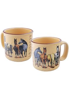 two coffee mugs with horses painted on the inside and outside, one has a brown rim