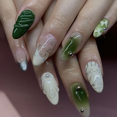 Sci Fi Nails, Dragon Inspired Nails, Matcha Inspired Nails, Fairy Nails Green, Green Dragon Nails, Fairy Aesthetic Nails Green, Fairy Nails Acrylic Green, Totoro Nails, Matcha Nails