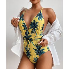 Fashion One Piece Swimsuit Sexy Vintage Ladies One Piece Swimsuit Tropical Leaf Print Swimsuit Yellow Swimsuits, Putao, Plunging One Piece Swimsuit, Tropical Leaf Print, Figure Size, Tropical Leaf, Bra Types, Blue Swimsuit, Print Swimsuit