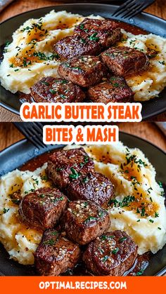 two black plates topped with mashed potatoes and beef steaks on top of them