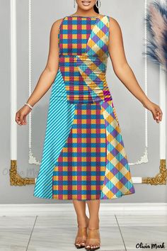 Olivia Mark - Classic Sleeveless O-Neck Printed Casual Dress Multicolor Fitted V-neck Sleeveless Dress, Multicolor V-neck Stretch Midi Dress, Printed Casual Dresses, Plaid Dress Shirt, Turndown Collar, Daily Dress, Olivia Mark, Plaid Shirt, Print Dress