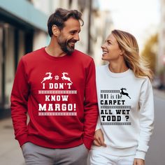 Christmas Vacation Todd and Margo Sweater Funny Couple Christmas Sweatshirt Couple Matching Shirt Humor Shirt Xmas Party Shirt Holiday Tee Explore our custom-made sweatshirts, created with care to provide ultimate comfort for you and as a thoughtful gift for your loved ones. We take pride in quality, using only the finest materials. Support our small business and get in touch with any customization requests or questions. Your satisfaction is our priority. Treat yourself or a loved one to a super soft and cozy sweatshirt for any occasion. Order today and experience the difference in quality and service. Thank you for choosing us! 🎁💌 MATERIALS: They consist of a blend of 50% cotton and 50% polyester.  With a medium fabric weight of 8.0 oz/yd² (271.25 g/m they are made from specially spun c Family Sweater, Couples Christmas, Couples Sweaters, Couple Christmas, Party Sweaters, Funny Couple, Couples Sweatshirts, Matching Couple Shirts, Sweater Christmas