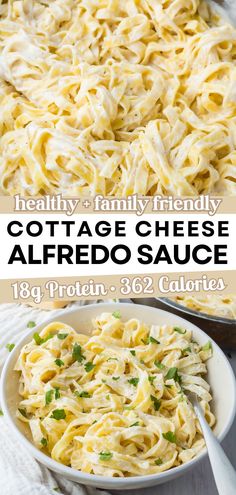 two pictures with different types of food in them and the words cottage cheese alfredo sauce