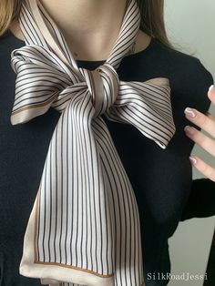 Simple and versatile striped pattern long narrow natural mulberry silk scarf with size of 155 cm x 16 cm / 61 in x 6.3 in. Double-layer silk charmeuse fabric, double-sided print, light weight, soft, smooth and lustrous, beige and brown colors, breathable and skin-friendly feels very comfortable to wear. Can style as different ways: wear this scarf as a soft neck scarf, as a long headband scarf, as a hair tie scarf, as a bag accessory scarf, as a wrist scarf...or style it any way you want with your own sense of creativity! It can spice up your outfit beautifully. Suitable for all seasons and is a great gift idea for special occasions. Care Instructions: Pure silk is a type of organic and natural fabric, please avoid washing. Dry clean recommended. Stored in a cool, dry, and dark place. To s Silk Scarf Outfit, Hair Tie Scarf, Charmeuse Fabric, Silk Scarf Style, Silk Neck Scarf, Long Silk Scarf, Ways To Wear A Scarf, Dress Design Sketches, Tie Scarf