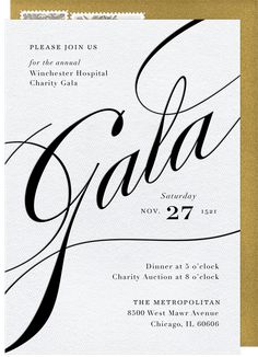 a white and gold wedding card with the word gala on it