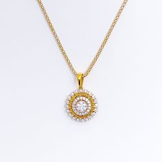 PRODUCT DETAILS Gold Purity(karat): 18k Item Weight(grams): 6.2 Item Finish: Yellow Gold Stone: Diamond Total Diamond Weight(carats): 1.06ct Diamond Color: F-G Diamond Quality: VS Diamond Shapes: Round Brilliant Cut Pendant Weight(grams): 2.9 Diamond Weight(carat): 0.46ct Pendant Length: 0.9" Matching Earrings: Included Earring Weight(grams): 3.3 Diamond Weight(carat): ﻿0.60ct Earring Length: 0.5" Earring Post: Screw Back Chain Not Included PND17908W / EAR18369W Yellow Gold Diamond Necklace With Halo Setting, Dazzling Yellow Gold Diamond Necklace With Halo Setting, Yellow Gold Brilliant Cut Diamond Flower Pendant Necklace, Luxury Yellow Gold Diamond Necklace With Halo Setting, Classic Gold Diamond Necklace With Halo Setting, Classic Yellow Gold Diamond Necklace With Halo Setting, Classic Yellow Gold Diamond Necklace With Halo Design, Gold Diamond Necklace With Halo Setting, Elegant Gold Diamond Necklace With Halo Setting